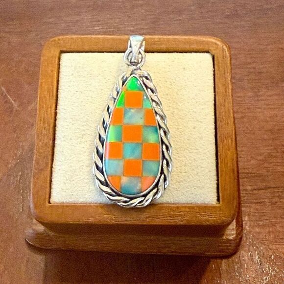 No Brand Jewelry - Stunning Aurora Opal Checkerboard Pendant 925 Sterling Silver Teardrop Framed